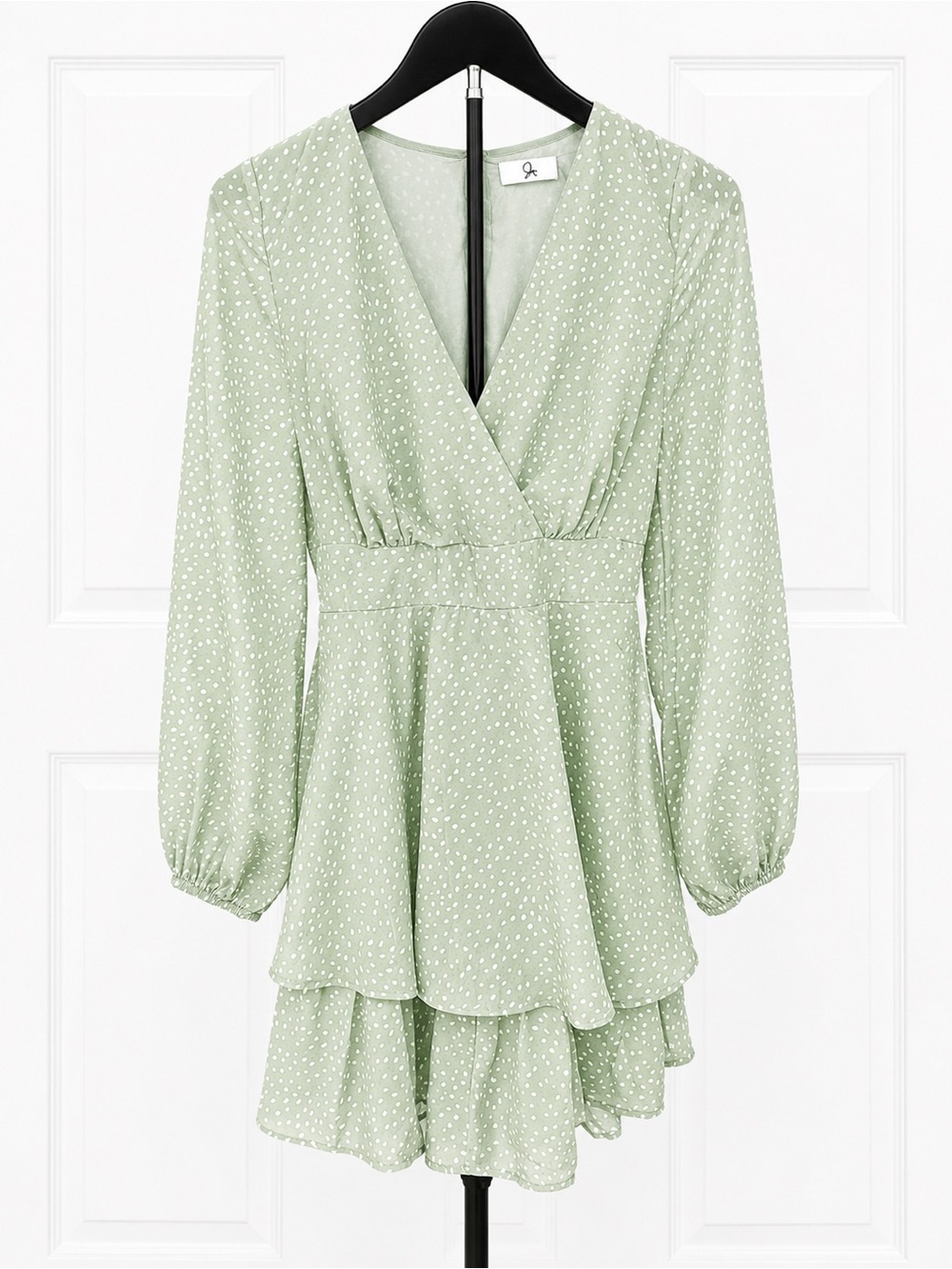 Japna Light Sage Polka Dot Long Sleeve Tiered Dress